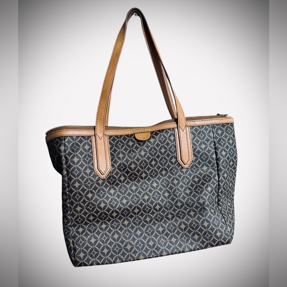 Fossil Black and Brown Textured Tote Handbag